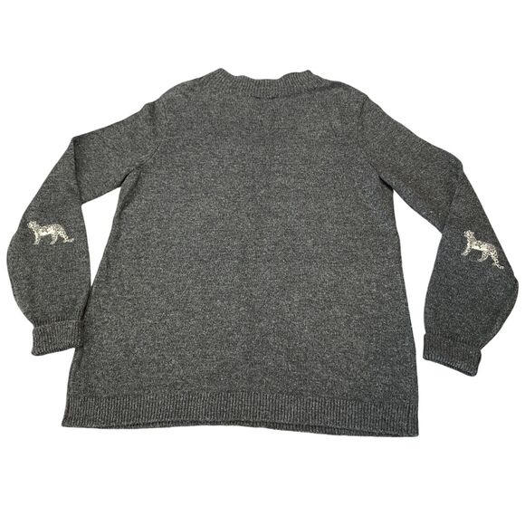 Chico's Sweater Women's S Gray Embroidered Cheetah Ribbed Sleeve & Hem Crew Neck - Picture 3 of 11